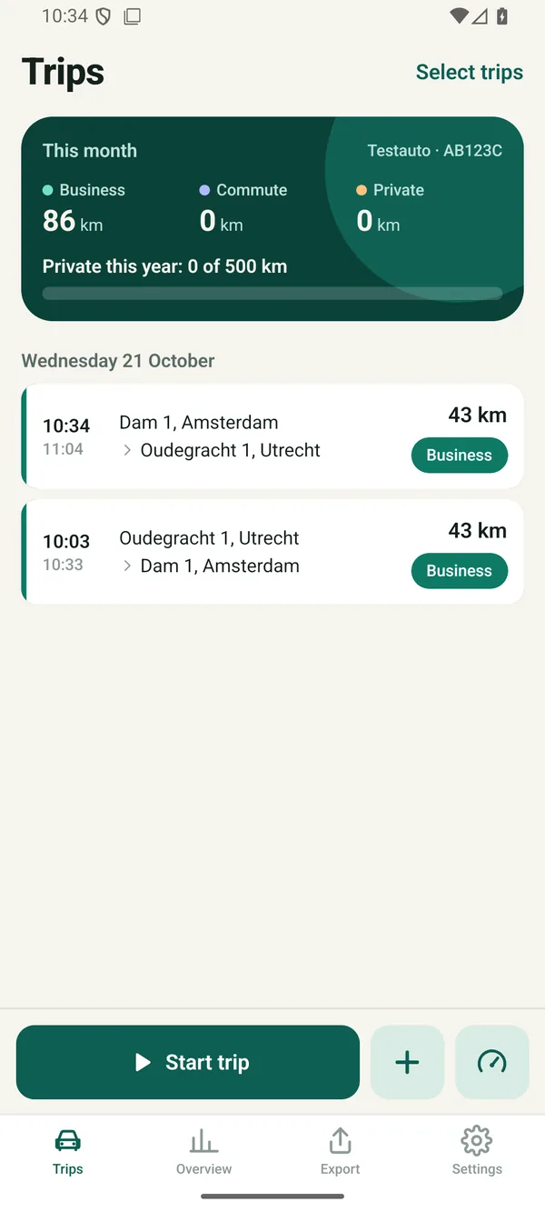 Ritvast on an Android phone: the same trip list.