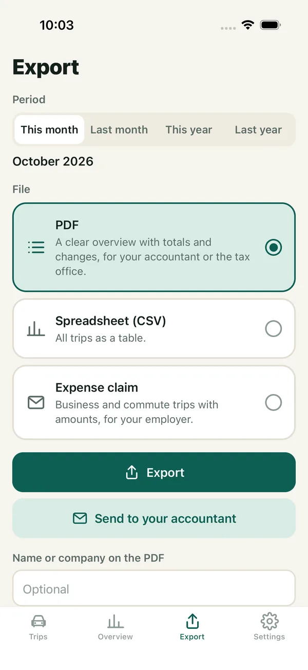 The Export screen with the choice of PDF, spreadsheet or expense claim, and the Send to your accountant button.