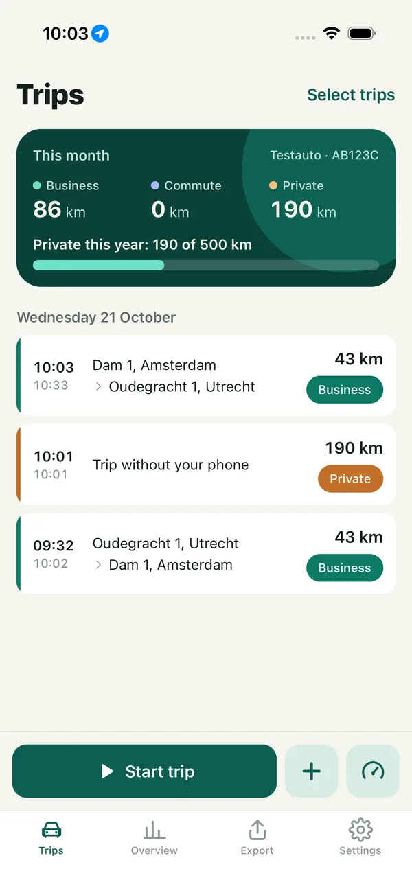 The Ritvast trip list: this month's kilometres at the top, business, commute and private, and the 500 km bar. Below, today's trips with times, addresses, kilometres and type.