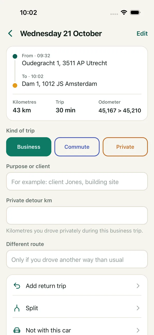 A trip from Oudegracht 1 in Utrecht to Dam 1 in Amsterdam, 43 km, with the Business, Commute and Private buttons and a field for the purpose or client.