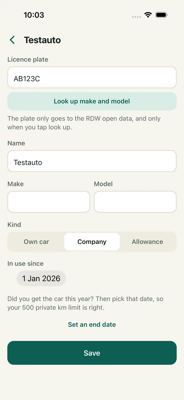 A car with its licence plate, the Look up make and model button, the type of car and the date it came into use.