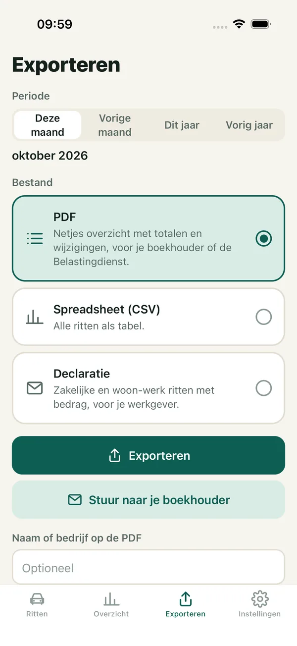 Het scherm Exporteren met de keuze PDF, spreadsheet of declaratie, en de knop Stuur naar je boekhouder.