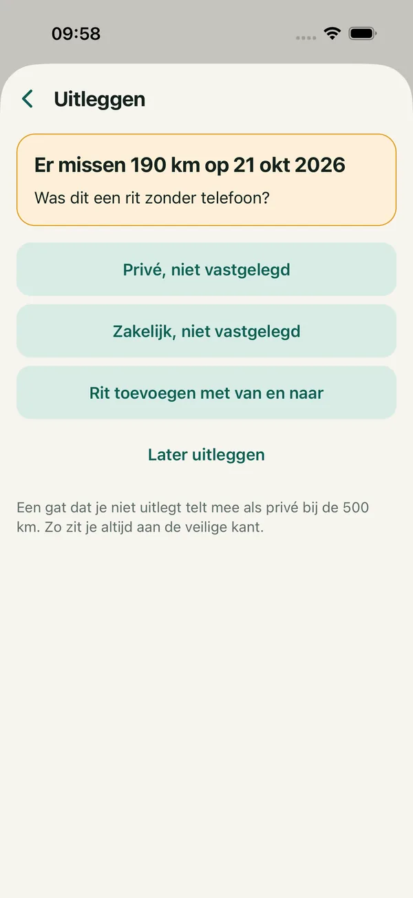 Het scherm Uitleggen: er missen 190 km. Was dit een rit zonder telefoon? Met de keuzes privé, zakelijk of een rit met van en naar.