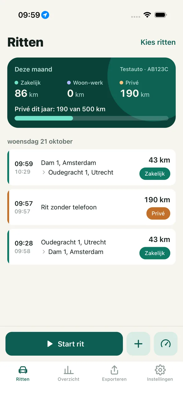 De rittenlijst van Ritvast: bovenaan de kilometers van deze maand, zakelijk, woon-werk en privé, en de 500 km-balk. Daaronder de ritten van vandaag met tijden, adressen, kilometers en de soort.